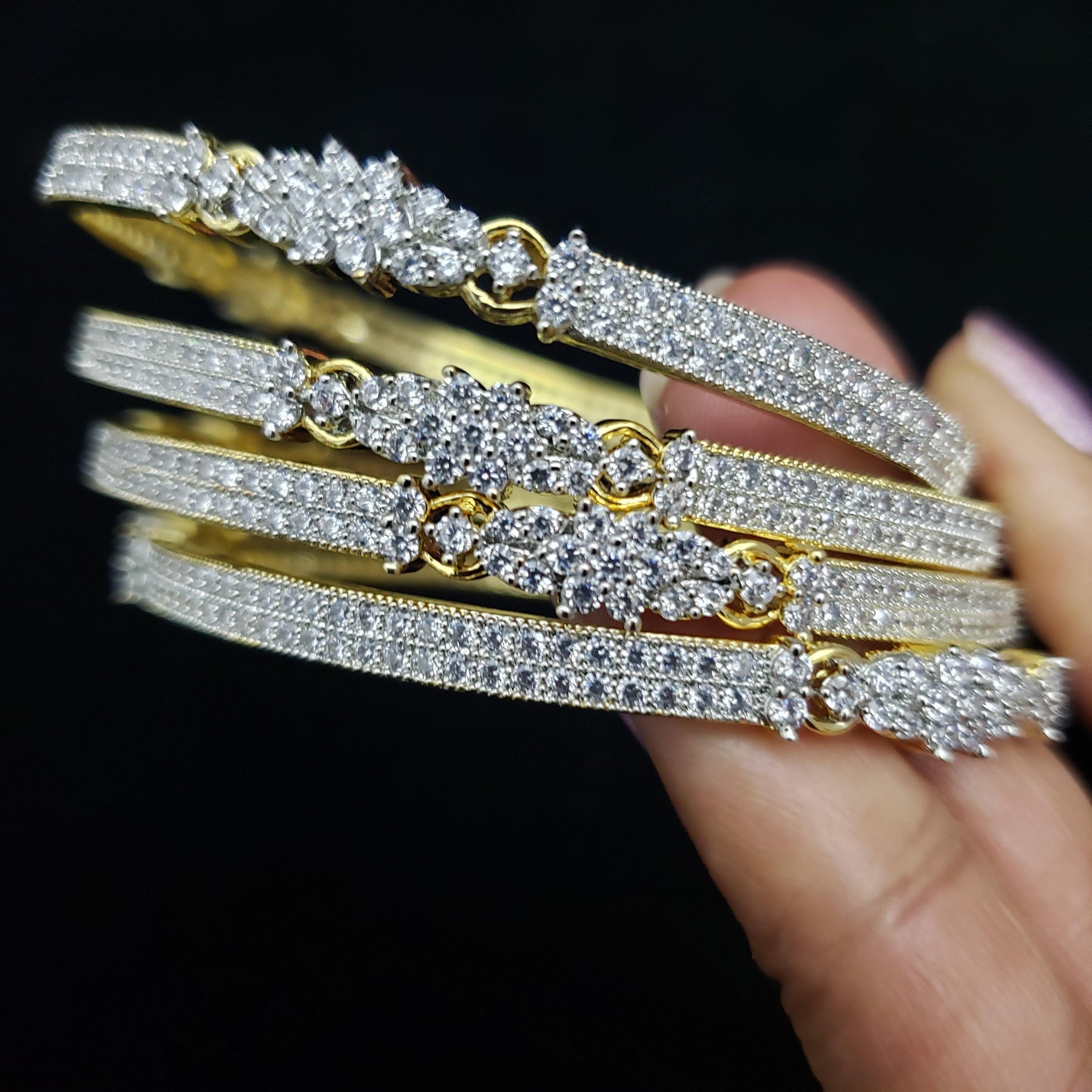 Silver Color White Stone Bangles. Set of 4 Bangles Etsy