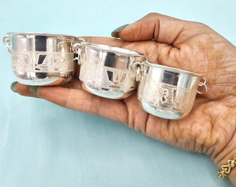 Zuiver zilveren Gangalam-, Shanku chakra- en Vinayaka prasadham-kommen, kleine kommen als bedankjes, zilveren geschenkartikelen, prasadam-kom.