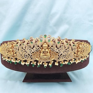 Adults Vaddanam, Lakshmi with CZs and emerald beads, Fashion Jewelry Antique finish temple naskshi South Indian waist belt