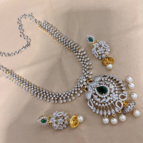 American Diamonds Long Necklace, Comes With AD Jumkas, Mango