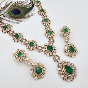 92.5 Silver Victorian moissanite necklace set,  Designer long necklace with Emerald stones with earrings, Indian jewelry with 92.5 Hallmark