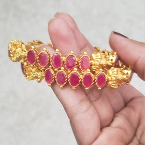Matte finish Lakshmi devi Ruby bangles, Traditional temple jewelry bangles. Set of 2 bangles.
