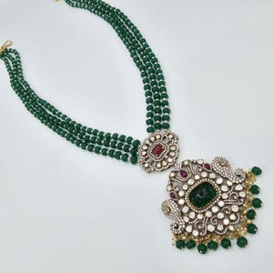 92.5 Silver Victorian moissanite necklace, 4 strands Long necklace with Emerald cut beads. Indian jewelry with 92.5 Hallmark