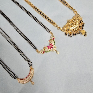 Black Beads necklace, Long black beads, Two strands Gold filled mangalsutra with Pink CZ stones.