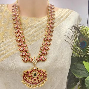 92.5 Pure Silver Mango Mala, Detachable pendant Kundan necklace, Long haram , Traditional Indian Bridal Jewelry, Indian Wedding Jewelry.