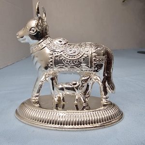92.5 pure Silver cow and calf idol, housewarming decor, Gowmatha with 92.5 hallmark, kamadenu idol, Aavu dooda for new homes.