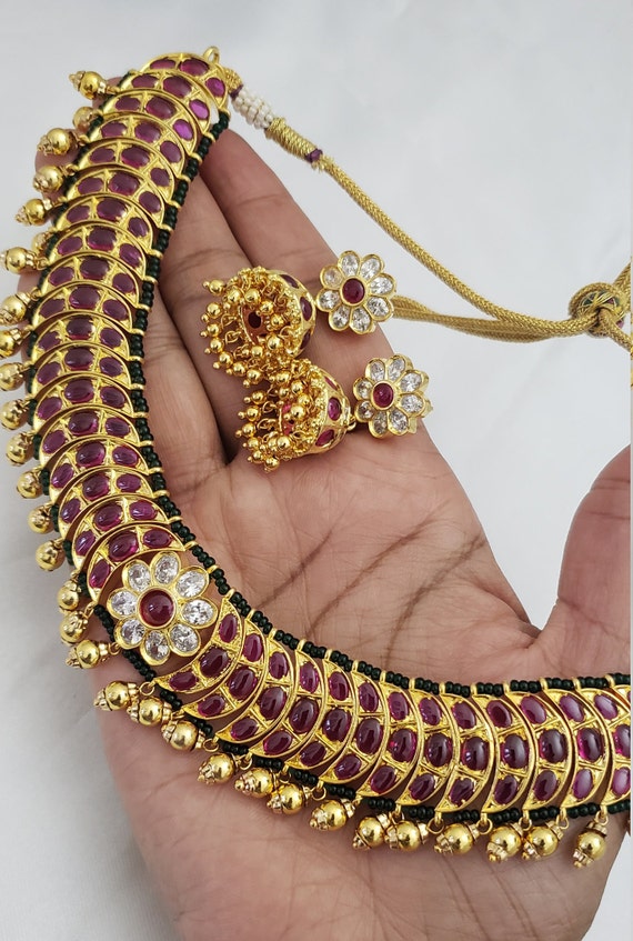Ruby Necklace with dropping Gold balls With matiching jumka High quality and excellent finish