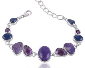 Amethyst Bracelet,Charoite Amethyst and Kyanite,  925 Sterling Silver Bracelet,