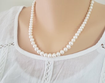 6.5-8 mm reine weiße Süßwasserperlenkette, Brauthalskette, klassische Perlenkette, natürliche Perlenkette, Geschenk für sie.
