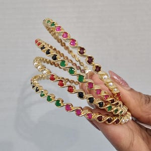 Adults Navaratna Bangles Semi precious Emerald, pearls, rubies, sapphire, coral and CZs, Set of 4bangles, Navaratan bangles, Indian jewelry