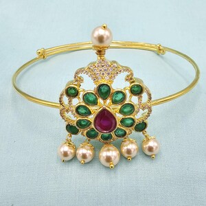 92.5 Silver adult Baaju bandh, Lakshmi Armlet, Traditional Vanki, CZ aravanki with Semi precious Ruby and emerald, South Indian Jewelry.