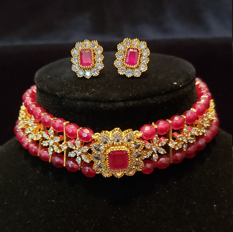 Cubic zirconia beautiful jewelry for adults and kids too Ruby beads semiprecious Choker set Wedding jewelry