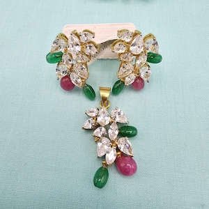 92.5 silver Pendant set, Colors are nebula, Pure silver CZs pendants with 22k gold covering, Indian jewelry with 92.5 Hallmark.
