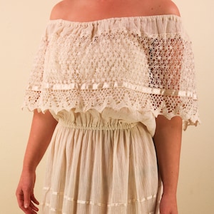 1970’s Cream Cotton Crepe Off The Shoulder Boho Bohemian Dress with Hand Crocheted Lace