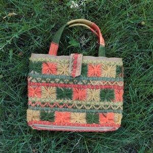 1960&#39;s Stitched Burlap Mid Century Green Velvet Interior Handbag