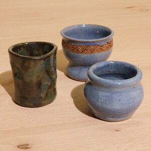 Trio of Small Blue Stoneware Mugs
