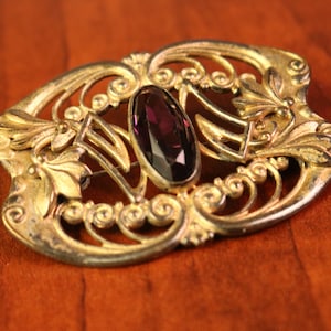 Vintage Gold and Deep Purple Art Nouveau Large Brooch