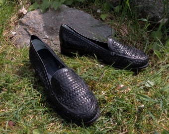 1990 Sesto Meucci cuero negro tejido slip on zapatos mocasines tamaño 8