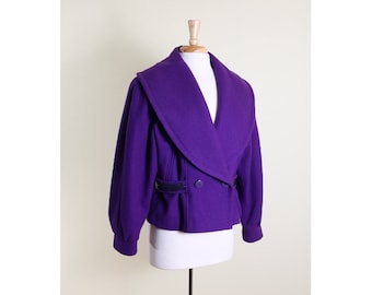 1980's Purple Wool Short Jacket with Big Collar and Snake Skin Detail