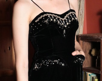 1950&#39;s Black Velvet Formal Dress with Rhinestone Beaded Neckline