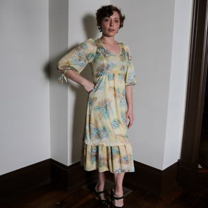 1970&#39;s Pastel Yellow and Blue Floral Print Dress