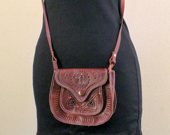 70's Small Tooled Leather Festival Bag With Camel Design