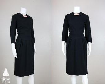 Vintage Classic 50's Handmade Little Black Dress with Pockets and Pink Collar