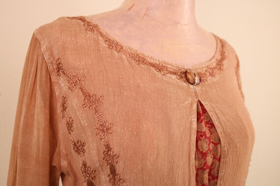 70's Tan Long Sleeve Embroidered Indian Viscose D… - image 4