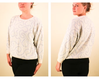 1980’s Vintage Cream and Periwinkle Squiggle Print Fuzzy Sweater