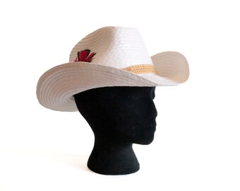 Vintage White Straw Cowboy Hat with Woven Band and Red Feather Accent