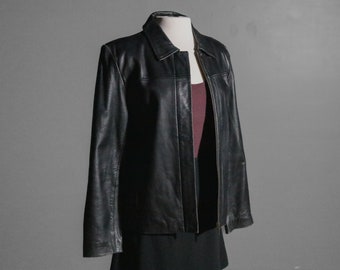 1990's Black Leather Boxy Zip Up Collared Jacket