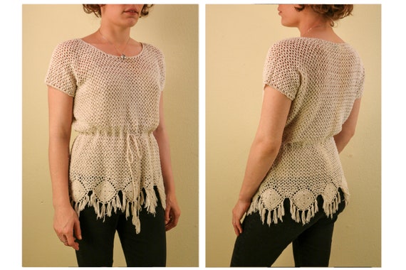 1960’s Cream Boho Open Knit Paradise Macrame Hipp… - image 1