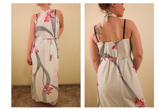 70's White and Pink Floral Wrap Halter Dress Swimsuit Cover Dress Resort Paradise Beach