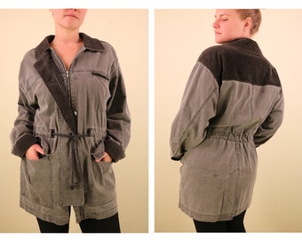 1990’s Vintage Urban Streetwear Light Grey Denim Jacket with Drawstring and Corduroy Collar and Cuff Unisex