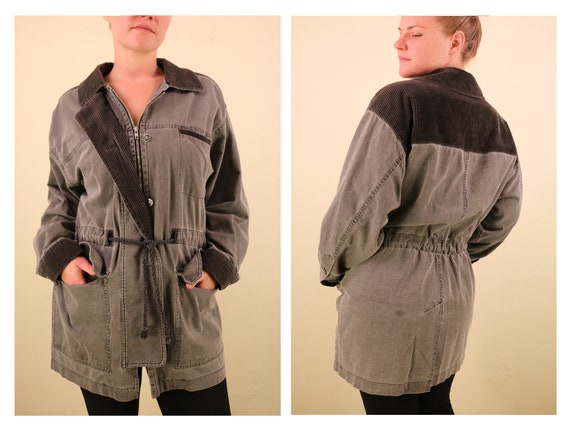 1990’s Vintage Urban Streetwear Light Grey Denim Jacket with Drawstring and Corduroy Collar and Cuff Unisex