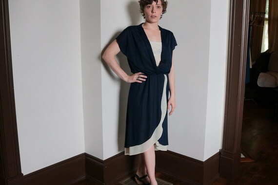 1970's Navy Blue and Cream Layered Sheer Short Sleeved Dress