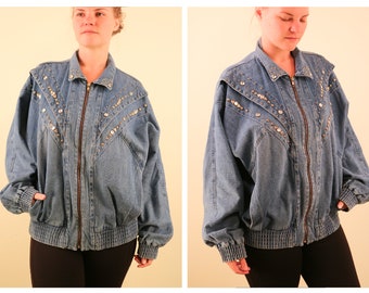 1980’s Denim Bedazzled Rhinestone Studded Bomber Jacket