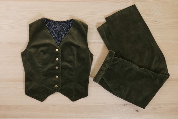 1970's Olive Green Corduroy Vest & Pants Suit Set