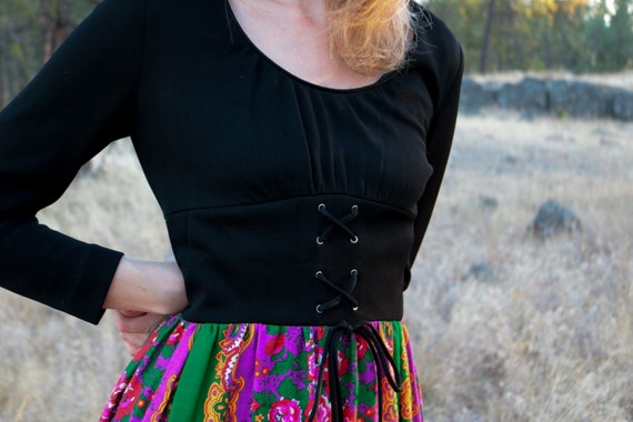 1970's Renaissance Style Paisley and Black Maxi Dr