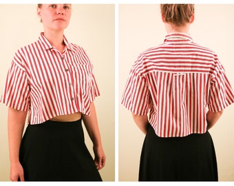 1980’s Red White and Blue Cropped Preppy Collared Shirt Crop Top