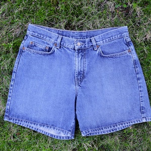 1990&#39;s Lucky Denim Medium Wash Classic Dungarees Shorts Low Rise Large