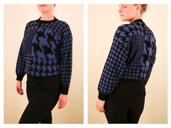 1980’s Vintage Blue and Black Hounds tooth Print … - image 1