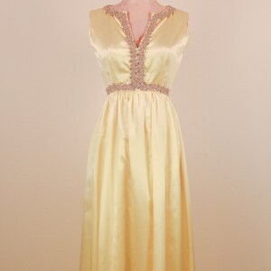 1950's Yellow With Rhinestone Empire Waist Satin Spring Formal Prom Dress Snow White image 3