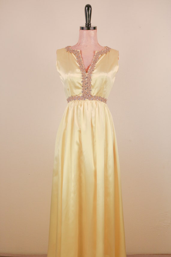 1950's Yellow With Rhinestone Empire Waist Satin … - image 3