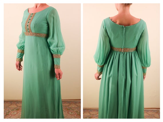 1960’s Seafoam Green with Gold Lace Empire Waist a