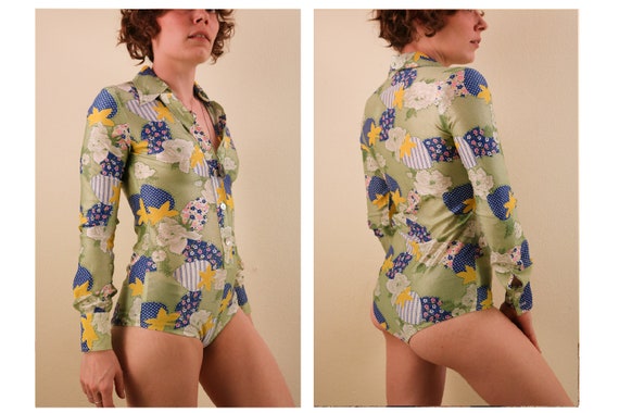 1960’s Green Floral Collared Bodysuit Leotard