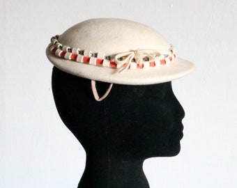 1940's Cream Wool Hat with Orange and Rhinestone Woven Detail