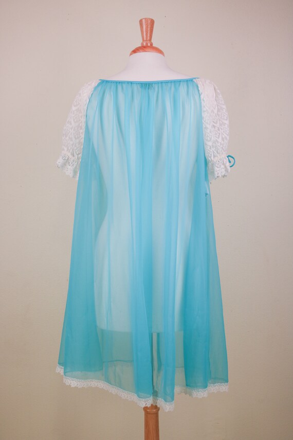 60’s Aqua Chiffon Negligee With Puff Lace Sleeves - image 6