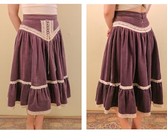 Velvet Purple Lavender Gunne Sax Style Lace Up Ren Faire Fairy Boho Hippie Peasant Skirt