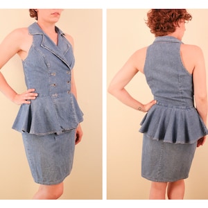 1980’s Denim Sleeveless Peplum Dress Double Breasted Collared